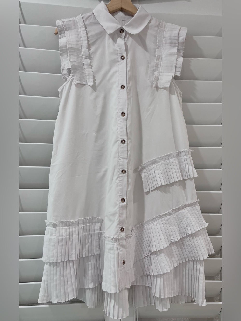 NWT By Anthropologie Ivory Pleated Ruffle Button Front Asymmetrical Dress S